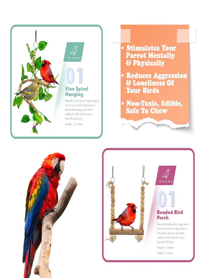 PETZOO Bundle of 4 Birds Toys Swing, Crinkle Foraging Toy, Spiral Hanging & Perch for Bird & Parrots Natural & Wooden - Image 3
